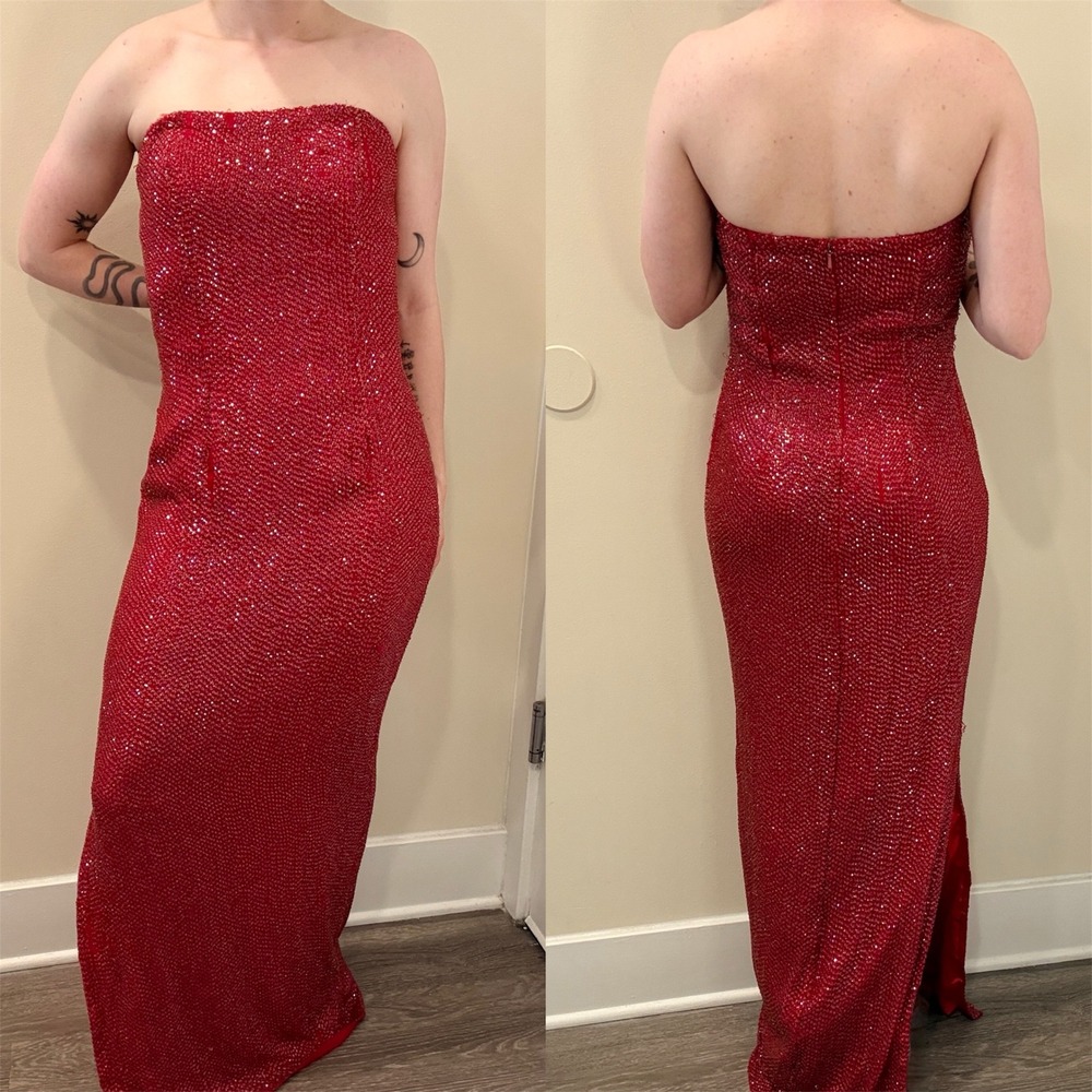 VTG Y2K Scala Red Beaded Silk Strapless Maxi Gown Slit Prom Sz M Jessica Rabbit‎